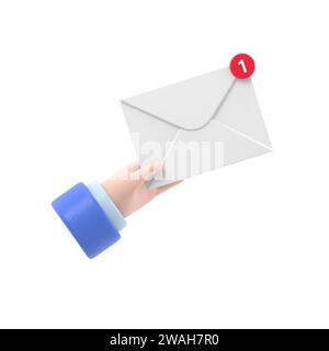 Concept de message reçu. Nouveau, e-mail entrant, sms. Service de livraison de courrier. Enveloppe en main. recevoir du courrier. Rendu 3D sur fond blanc. Banque D'Images