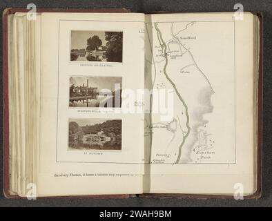 Carte avec trois images de lieux le long de la Tamise, en ou après 1878 - en ou avant 1879 impression photomécanique. Imprimer à l'étage et au centre : barrière d'eau et moulin à eau à Sandford-on-Thames, ci-dessous : pont à Nuneham Courtenay. Rivière de gravure sur papier Oxfordshire. écluse, déversoir. moulin à eau dans le paysage. Pont Nuneham Courtenay. Sandford-on-Thames Banque D'Images
