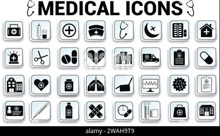 Conception vectorielle de jeu d'icônes médicales. Collection d'icônes vectorielles solides. Illustration de Vecteur