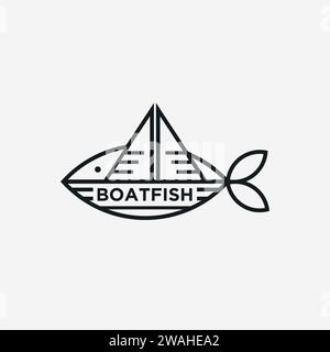 Modèle de vecteur d'icône de logo de poisson de bateau de lineart simple amusant sur fond blanc Illustration de Vecteur