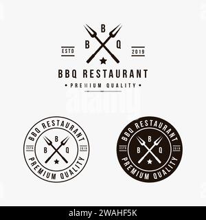 Variation vintage Grill barbecue logo modèle de vecteur d'icône sur fond blanc, barbecue avec logo de fourche croisée Illustration de Vecteur