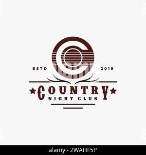 Lettre C Guitar Country Music Western Vintage Retro Saloon Bar Cowboy logo modèle vectoriel d'icône sur fond blanc Illustration de Vecteur