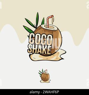 modèle de vecteur de logo de jus de noix de coco shake dessiné à la main sur fond blanc Illustration de Vecteur