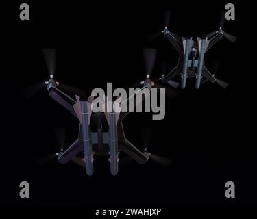 Drones militaires de combat équipés de missiles volant dans le ciel nocturne. Image de rendu 3D. Banque D'Images