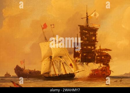 Chine, Hong Kong, Île de Hong Kong, Musée maritime, peinture intitulée 'Sloop anglais Ariel engageant une junk chinoise piratical' par Unknown Artist Banque D'Images