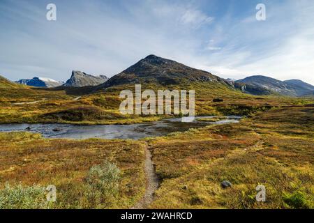 Automne dans le parc national de Reinheimen, montagnes avec rivière dans la vallée de Valldalen, montagne Stigbotthornet, More og Romsdal, Norvège Banque D'Images