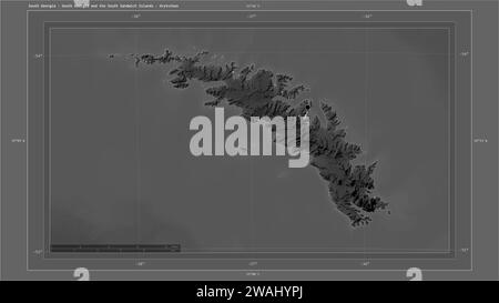 Géorgie du Sud - Géorgie du Sud et les îles Sandwich du Sud mises en évidence sur une carte d'altitude en niveaux de gris avec la carte des lacs et rivières avec le cap du pays Banque D'Images