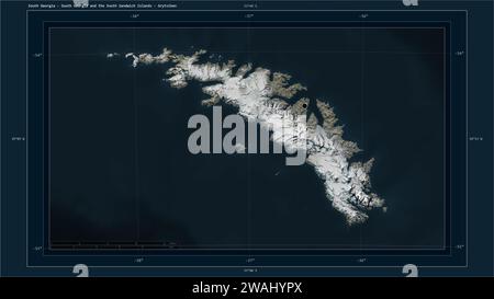 Géorgie du Sud - Géorgie du Sud et les îles Sandwich du Sud mises en évidence sur une carte satellite haute résolution avec le point de la capitale du pays, CART Banque D'Images