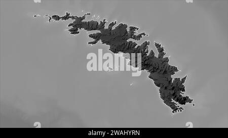 Géorgie du Sud - Géorgie du Sud et les îles Sandwich du Sud tracées sur une carte d'altitude en niveaux de gris avec lacs et rivières Banque D'Images