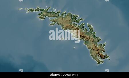 Géorgie du Sud - Géorgie du Sud et les îles Sandwich du Sud esquissées sur une carte altimétrique en couleur avec lacs et rivières Banque D'Images