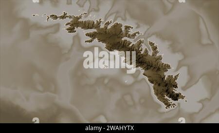 Géorgie du Sud - Géorgie du Sud et les îles Sandwich du Sud esquissées sur une carte altimétrique colorée en tons sépia avec des lacs et des rivières Banque D'Images