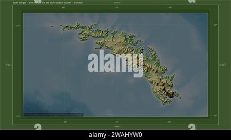 Géorgie du Sud - Géorgie du Sud et les îles Sandwich du Sud mises en évidence sur une carte altimétrique en couleur pâle avec les lacs et rivières avec la carte du pays Banque D'Images