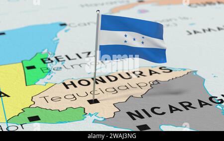 Honduras, Tegucigalpa - drapeau national épinglé sur la carte politique - illustration 3D. Banque D'Images