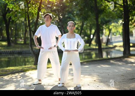 Couple d'âge moyen actif pleine longueur faisant de l'exercice de Qi Gong ou de Tai Chi dans le parc. Banque D'Images