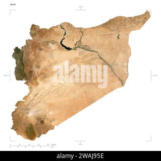 Forme d'une carte satellite à basse résolution de la Syrie, avec échelle de distance et coordonnées de la frontière de la carte, isolé sur blanc Banque D'Images