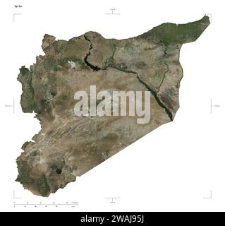 Forme d'une carte satellite à haute résolution de la Syrie, avec l'échelle de distance et les coordonnées de la carte frontière, isolé sur blanc Banque D'Images