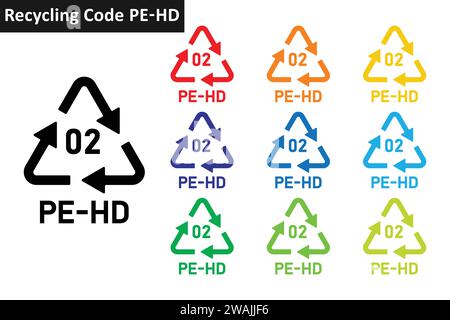 Jeu d'icônes de code de recyclage de plastique PE-HD. Symboles de recyclage du plastique 02 PE-HD. Collection d'icônes de recyclage de plastique code 02 en dix couleurs différentes. Illustration de Vecteur