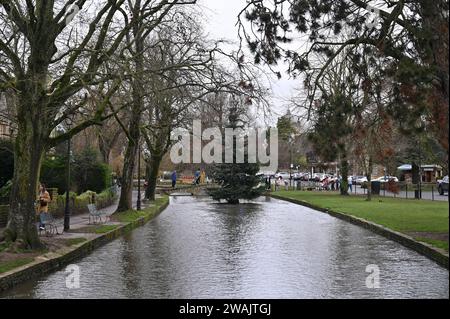 Le sapin de Noël dans le village Cotswold de Bourton on the Water se dresse au milieu de la rivière Windrush qui coule à travers le village Banque D'Images