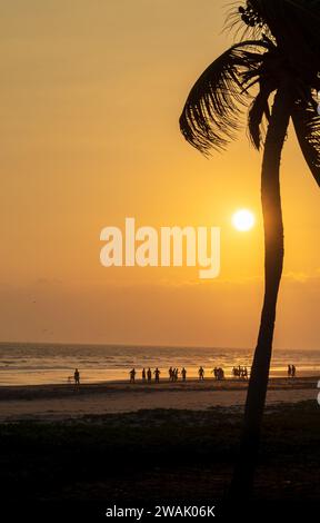 Taqah, salalah- 12 décembre 2023 : personnes jouant au football sur la plage au coucher du soleil Banque D'Images