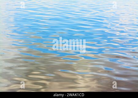 Motifs lumineux sur l'eau reflétant nuage et ciel avec des couleurs de bleu, bronze, argent et blanc. Banque D'Images