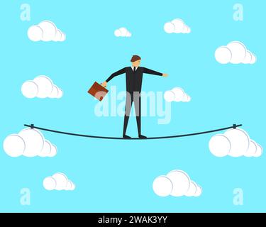 Un homme d'affaires marcheur de tightrope marchant sur un tightrope entre les nuages. Illustration vectorielle. Le concept de risques dans les affaires et la gestion. Illustration de Vecteur