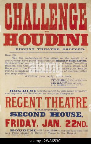 Défi à Houdini, Regent Theatre, Salford - imprimé à Manchester 1904 Banque D'Images