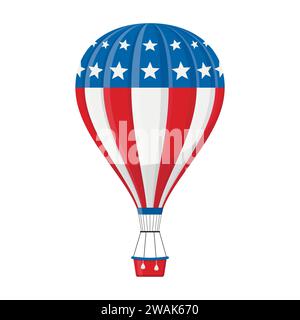 Aerostat Balloon usa drapeau transport avec icône de panier isolé sur fond blanc, Cartoon american vol d'aventure en montgolfière, vol en montgolfière f Illustration de Vecteur