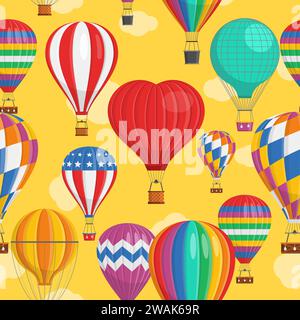 Aerostat Balloon transport avec panier et nuages volant dans le ciel du soir Seamless Pattern Cartoon air-ballon différentes formes montgolfière aventure fli Illustration de Vecteur