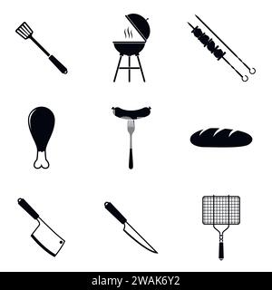 Icônes de barbecue noir ensemble isolé sur fond blanc. Grill BBQ viande maison dîner produits brochette griller équipement de cuisine illustration vectorielle Illustration de Vecteur