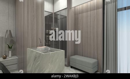 Conception moderne de placard de plain-pied avec la table d'affichage d'accessoires Banque D'Images