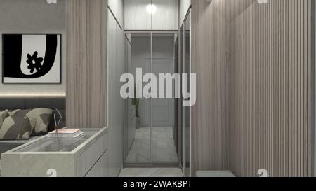 Conception de cabine d'essayage avec armoire à vêtements en bois et porte miroir Banque D'Images