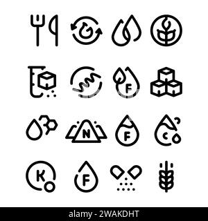 Indicateurs de nutrition en noir. Ingrédients quotidiens et micronutriments en comprimés. Illustration de Vecteur