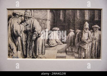 Exposition de gravure de Rembrandt, Juifs dans une synagogue, 1648 Banque D'Images
