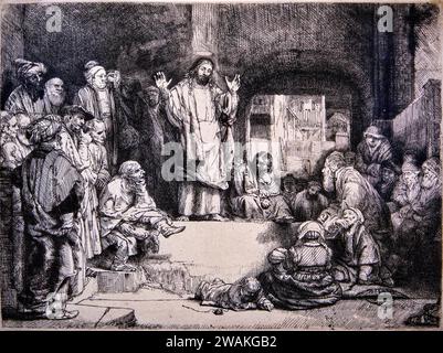 Exposition de gravure de Rembrandt, Christ Preaching, 1652 Banque D'Images