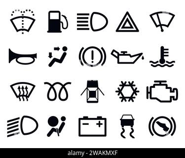 Icônes de tableau de bord de voiture ensemble isolé sur fond blanc. Pictogrammes d'information sur la voiture du pack d'icônes. Vecteur Illustration de Vecteur