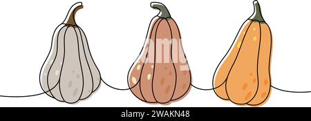 Citrouilles d'halloween d'automne. Citrouilles définir un dessin continu coloré d'une ligne. Illustration continue d'une ligne de légumes d'halloween d'automne. Illustration de Vecteur