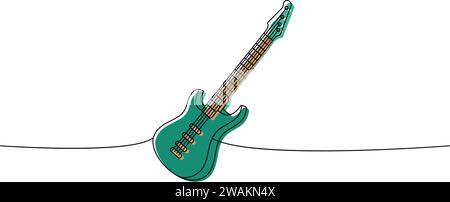 Guitare basse électrique, instrument à cordes dessin continu coloré d'une ligne. Instruments de musique illustration continue d'une ligne. Illustration de Vecteur