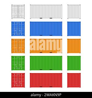 Conteneurs de fret mis en place pour l'expédition de fret et l'exportation maritime isolé sur fond blanc. Vue avant, arrière et latérale. Logistique et vecteur de transport Illustration de Vecteur