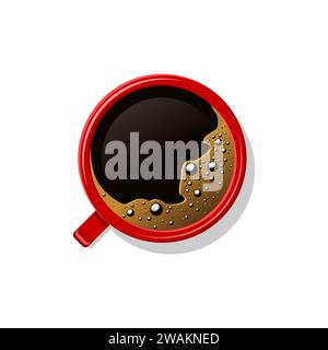 Vue de dessus café noir en tasse rouge isolé sur blanc. Tasse de café brun avec mousse et bulles. Boisson chaude, boisson en céramique blanche, tasse en porcelaine. VE Illustration de Vecteur