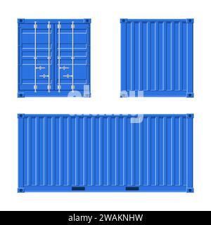 Conteneur de cargaison bleu pour l'expédition et l'exportation de mer isolé sur fond blanc. Vue avant, arrière et latérale. Logistique et transport Vector Illustra Illustration de Vecteur