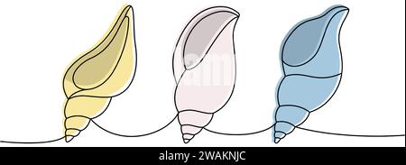 Coquillages marins. Coquillages, mollusques, pétoncles, perles. Coquillages sous-marins tropicaux illustration continue d'une ligne. Illustration linéaire minimaliste vectorielle. Illustration de Vecteur