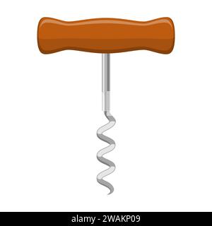 Tire-bouchon isolé sur fond blanc. Ouvre-bouteilles. Tire-bouchon en spirale en acier avec poignée en bois à plat. Illustration vectorielle Illustration de Vecteur