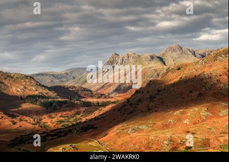 Les Langdale Pikes vus de Low sont tombés à Little langdale. Cumbria Banque D'Images