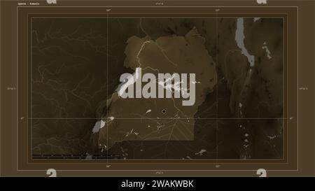Ouganda mis en évidence sur une carte d'altitude colorée en tons sépia avec lacs et rivières carte avec le point de la capitale du pays, grille cartographique, distance s Banque D'Images