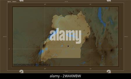 Ouganda mis en évidence sur une carte d'altitude en couleur avec des lacs et des rivières carte avec le point de la capitale du pays, grille cartographique, échelle de distance et carte bo Banque D'Images