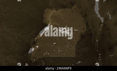 Ouganda mis en évidence sur une carte altimétrique colorée en tons sépia avec des lacs et des rivières Banque D'Images