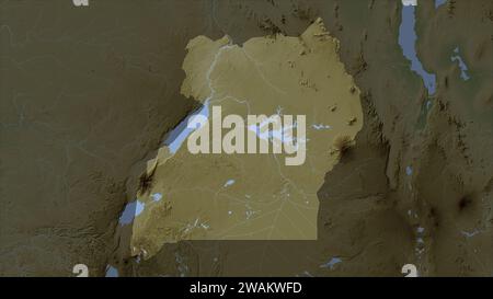 Ouganda mis en évidence sur une carte d'altitude en couleur pâle avec des lacs et des rivières Banque D'Images