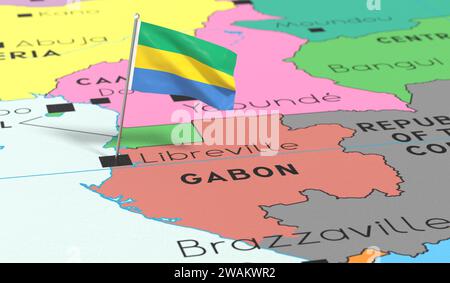 Gabon, Libreville - drapeau national épinglé sur carte politique - illustration 3D. Banque D'Images