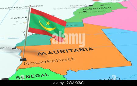 Mauritanie, Nouakchott - drapeau national épinglé sur la carte politique - illustration 3D. Banque D'Images