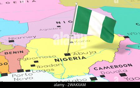 Nigeria, Abuja - drapeau national épinglé sur la carte politique - illustration 3D. Banque D'Images